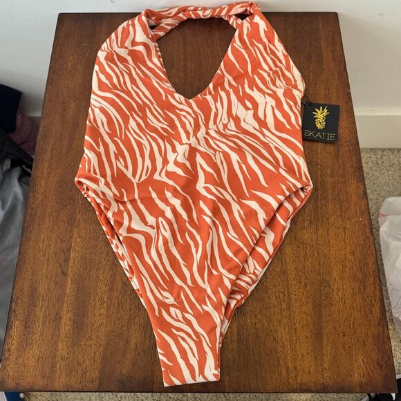 Skatie Orange White Zebra Print One Piece Swimsuit - Picture 1 of 5